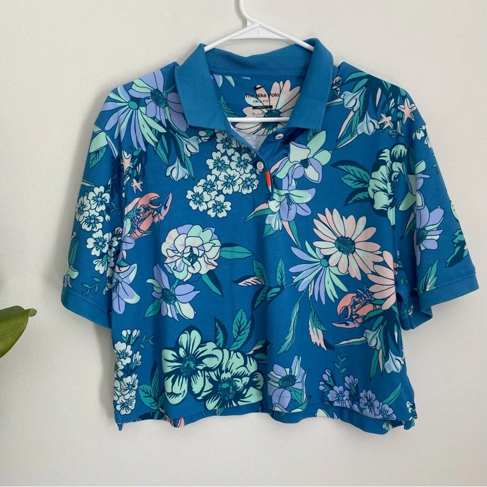 Nike Women's Golf Polo Shirt Crop Top Blue Floral - Picture 3 of 8